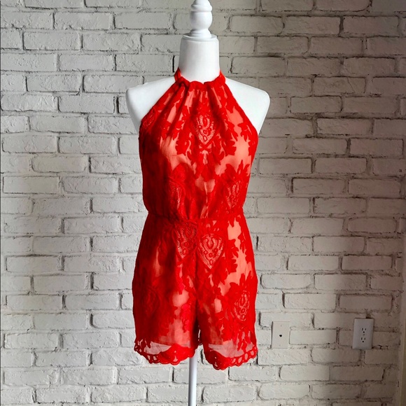 Aqua Floral Lace Coral Orange Halter Shorts Romper - Picture 1 of 8